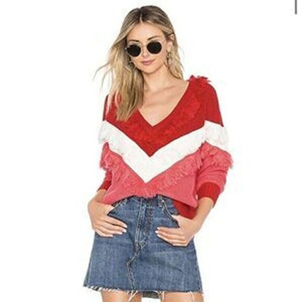 Lovers + Friends Nikki Fringe Colorblock Pullover Sweater Red Pink Medium Wool